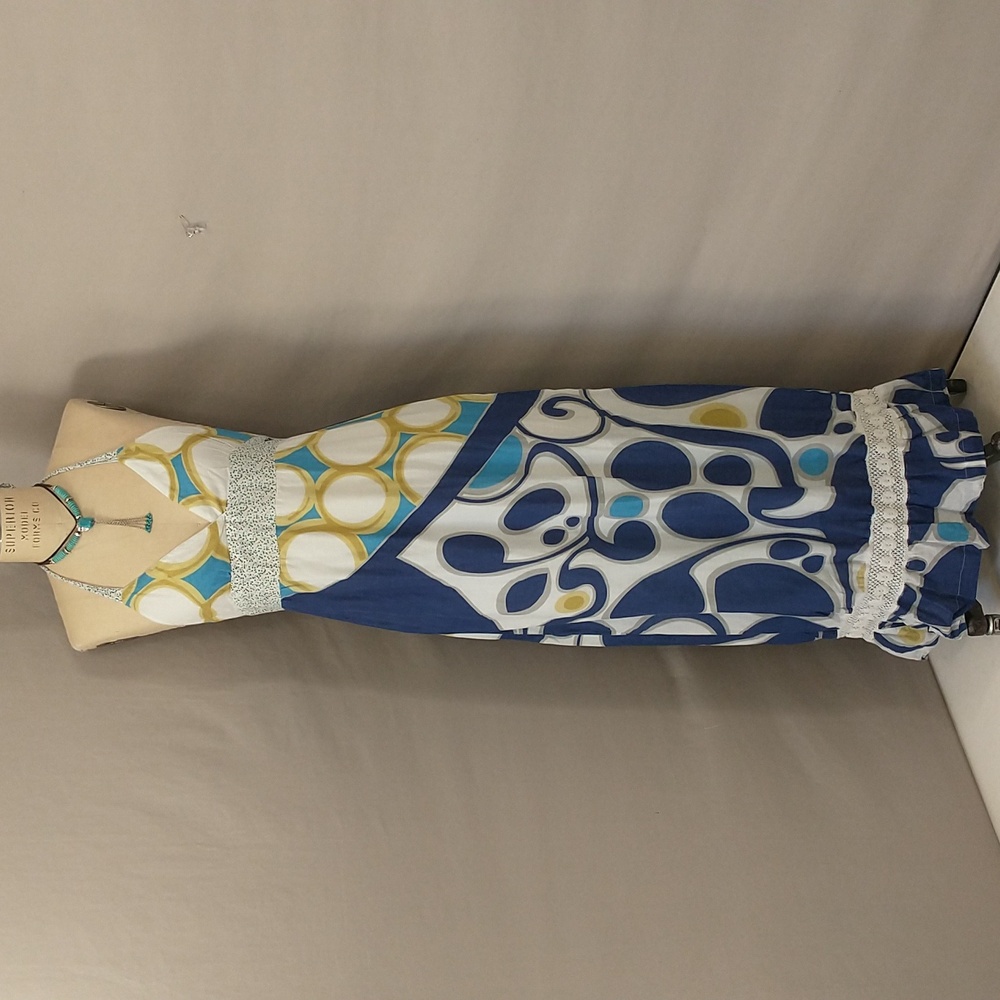 ROXY Sundress Maxi Halter Dress 100% Cotton Mod Print Bohemian Plunge Neck Sexy